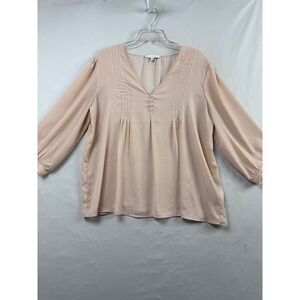Maison d'Amélie Blouse Women XL Pink Polka Dot Femine V-Neck Pleated 3/4 Sleeve